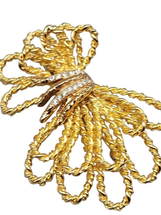 Unknown Jewelry - Vintage Bow Brooch Large Twisted Rope w/Rhinestone Accents Bright Gold Tone
